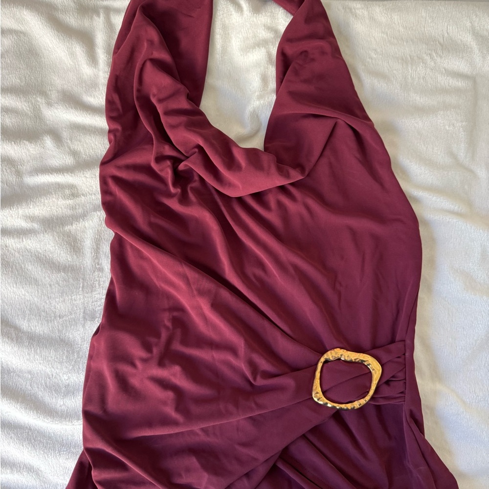 Zara Elegant Burgundy Halter Dress with Gold Buckle